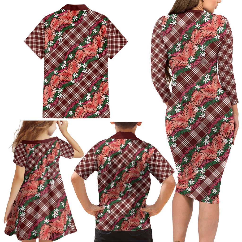 Polynesian Monstera Tiare Floral Family Matching Long Sleeve Bodycon Dress and Hawaiian Shirt Burgundy Tropical Plaid LT01 - Polynesian Pride
