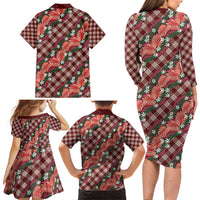 Polynesian Monstera Tiare Floral Family Matching Long Sleeve Bodycon Dress and Hawaiian Shirt Burgundy Tropical Plaid LT01 - Polynesian Pride