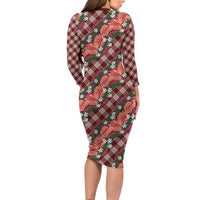 Polynesian Monstera Tiare Floral Family Matching Long Sleeve Bodycon Dress and Hawaiian Shirt Burgundy Tropical Plaid LT01 - Polynesian Pride
