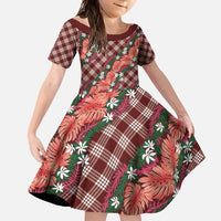 Polynesian Monstera Tiare Floral Family Matching Mermaid Dress and Hawaiian Shirt Burgundy Tropical Plaid LT01 Daughter's Dress Red - Polynesian Pride