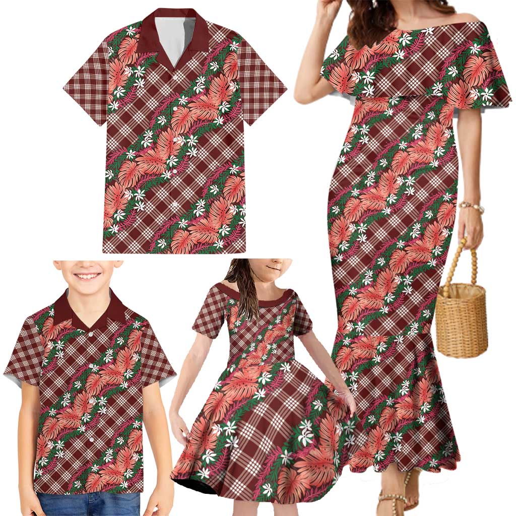 Polynesian Monstera Tiare Floral Family Matching Mermaid Dress and Hawaiian Shirt Burgundy Tropical Plaid LT01 - Polynesian Pride