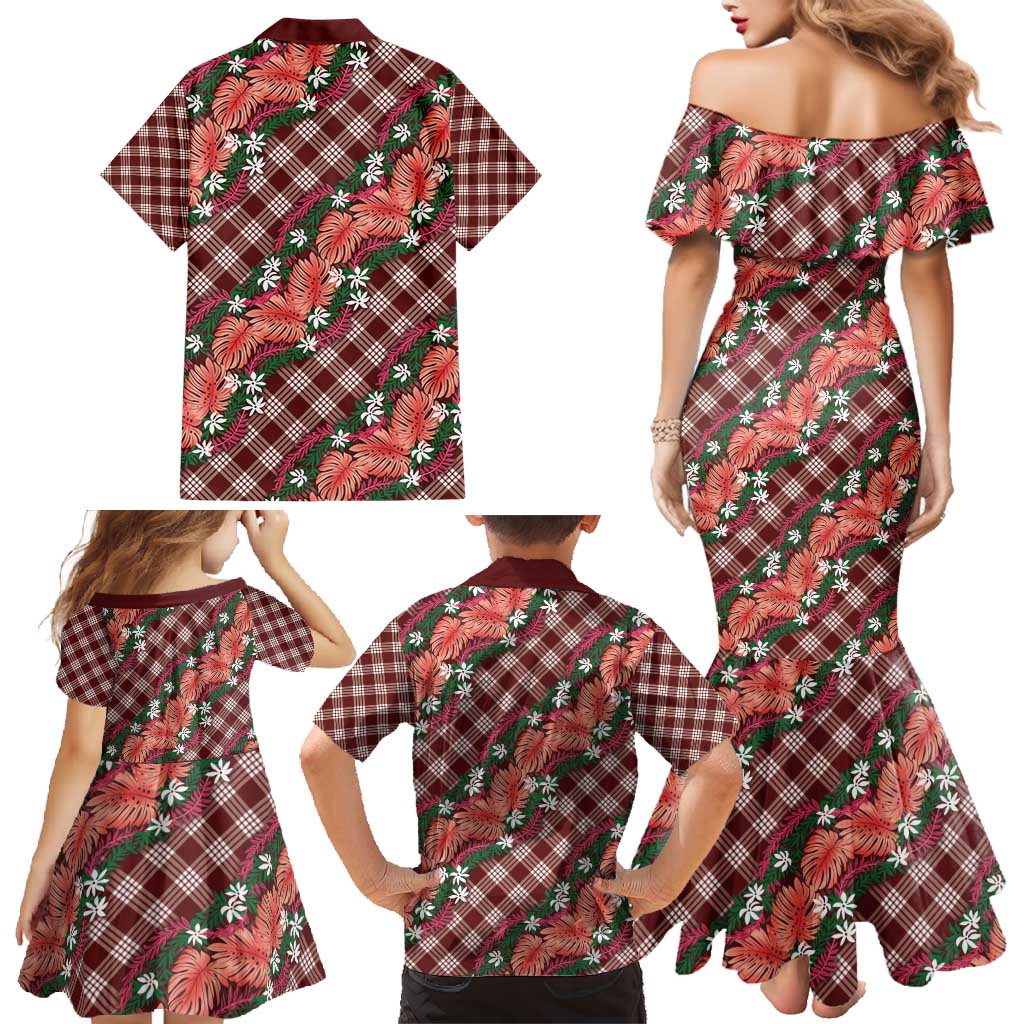 Polynesian Monstera Tiare Floral Family Matching Mermaid Dress and Hawaiian Shirt Burgundy Tropical Plaid LT01 - Polynesian Pride