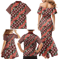 Polynesian Monstera Tiare Floral Family Matching Mermaid Dress and Hawaiian Shirt Burgundy Tropical Plaid LT01 - Polynesian Pride