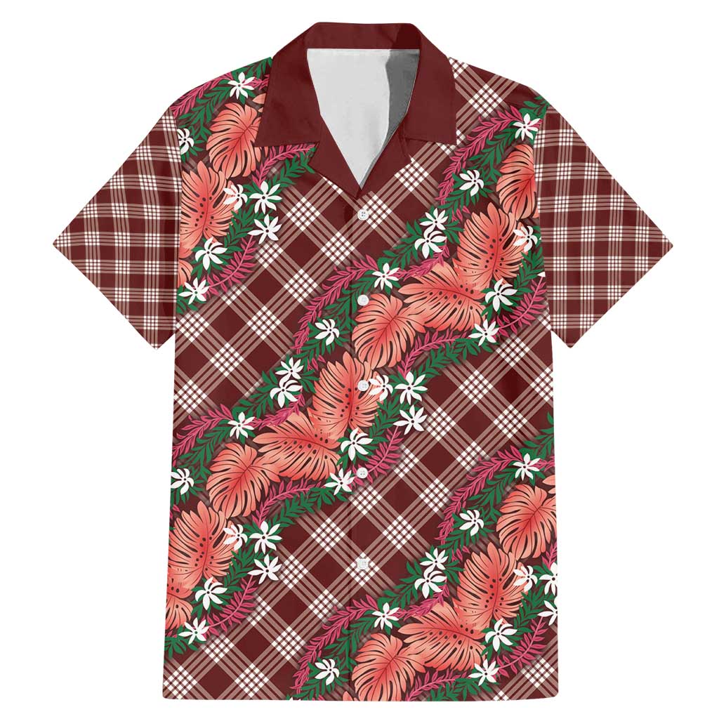 Polynesian Monstera Tiare Floral Family Matching Mermaid Dress and Hawaiian Shirt Burgundy Tropical Plaid LT01 Dad's Shirt - Short Sleeve Red - Polynesian Pride
