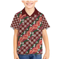 Polynesian Monstera Tiare Floral Family Matching Mermaid Dress and Hawaiian Shirt Burgundy Tropical Plaid LT01 Son's Shirt Red - Polynesian Pride