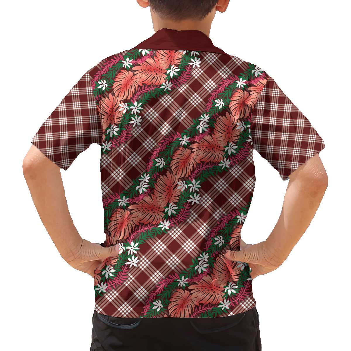 Polynesian Monstera Tiare Floral Family Matching Off The Shoulder Long Sleeve Dress and Hawaiian Shirt Burgundy Tropical Plaid LT01 - Polynesian Pride