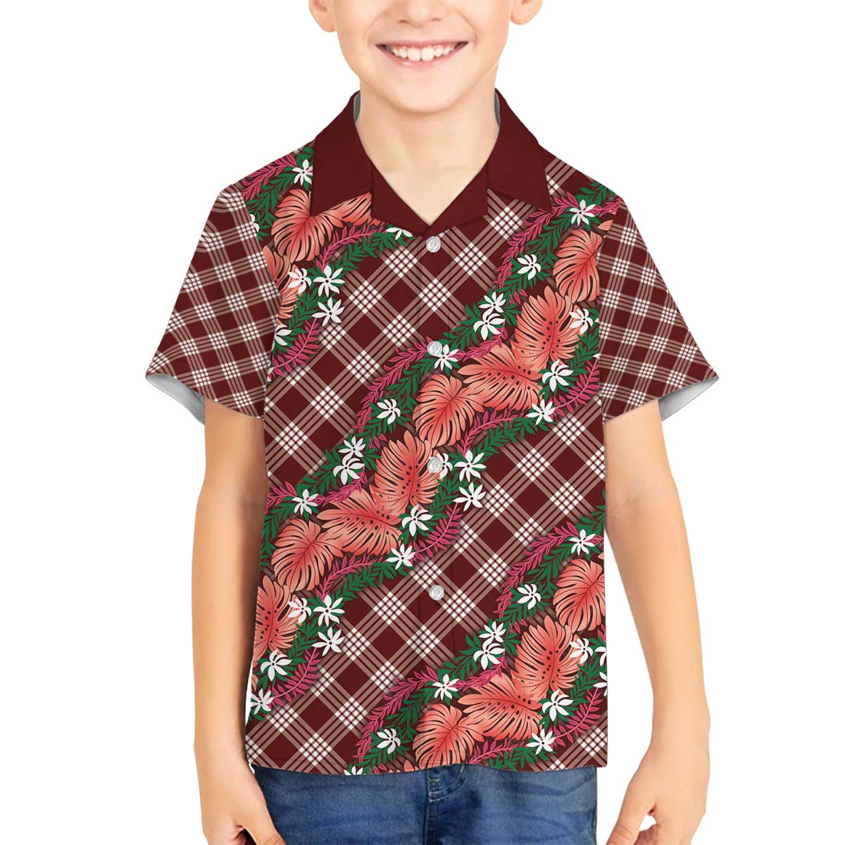 Polynesian Monstera Tiare Floral Family Matching Off The Shoulder Long Sleeve Dress and Hawaiian Shirt Burgundy Tropical Plaid LT01 Son's Shirt Red - Polynesian Pride