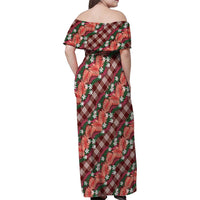 Polynesian Monstera Tiare Floral Family Matching Off Shoulder Maxi Dress and Hawaiian Shirt Burgundy Tropical Plaid LT01 - Polynesian Pride