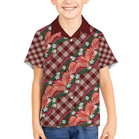 Polynesian Monstera Tiare Floral Family Matching Off Shoulder Maxi Dress and Hawaiian Shirt Burgundy Tropical Plaid LT01 Son's Shirt Red - Polynesian Pride