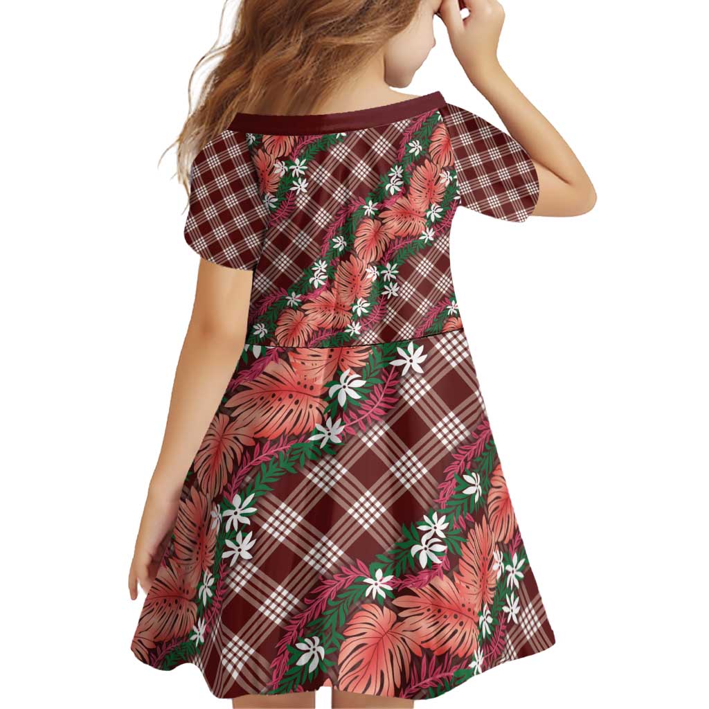 Polynesian Monstera Tiare Floral Family Matching Off Shoulder Short Dress and Hawaiian Shirt Burgundy Tropical Plaid LT01 - Polynesian Pride