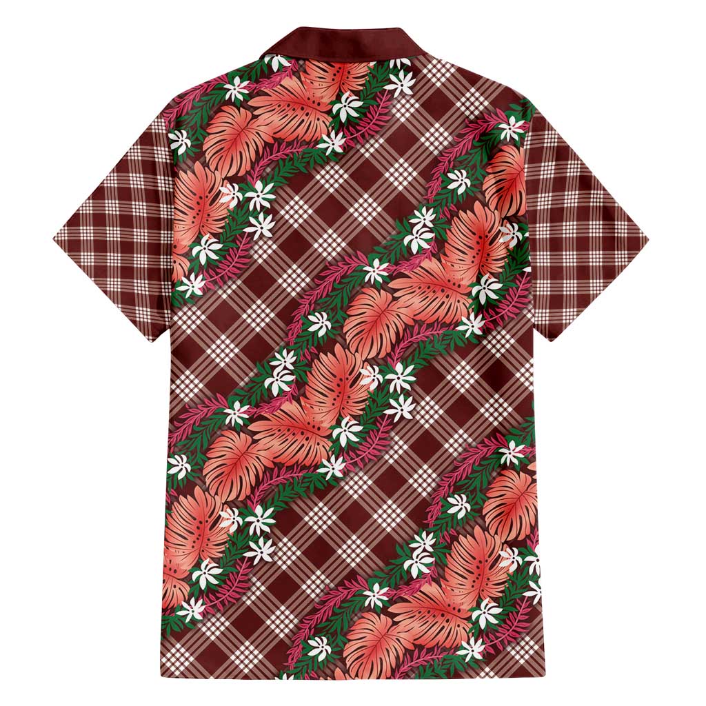 Polynesian Monstera Tiare Floral Family Matching Off Shoulder Short Dress and Hawaiian Shirt Burgundy Tropical Plaid LT01 - Polynesian Pride