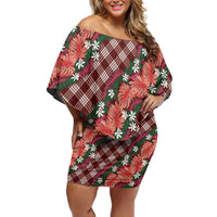 Polynesian Monstera Tiare Floral Family Matching Off Shoulder Short Dress and Hawaiian Shirt Burgundy Tropical Plaid LT01 Mom's Dress Red - Polynesian Pride