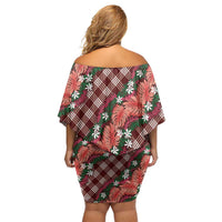 Polynesian Monstera Tiare Floral Family Matching Off Shoulder Short Dress and Hawaiian Shirt Burgundy Tropical Plaid LT01 - Polynesian Pride