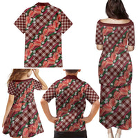 Polynesian Monstera Tiare Floral Family Matching Puletasi and Hawaiian Shirt Burgundy Tropical Plaid LT01 - Polynesian Pride