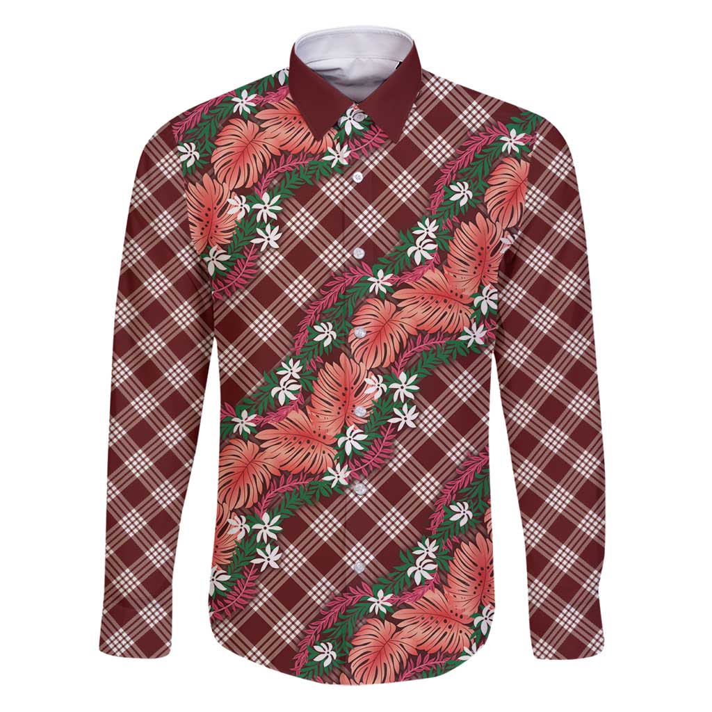 Polynesian Monstera Tiare Floral Family Matching Puletasi and Hawaiian Shirt Burgundy Tropical Plaid LT01 Dad's Shirt - Long Sleeve Red - Polynesian Pride