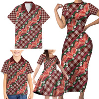 Polynesian Monstera Tiare Floral Family Matching Short Sleeve Bodycon Dress and Hawaiian Shirt Burgundy Tropical Plaid LT01 - Polynesian Pride