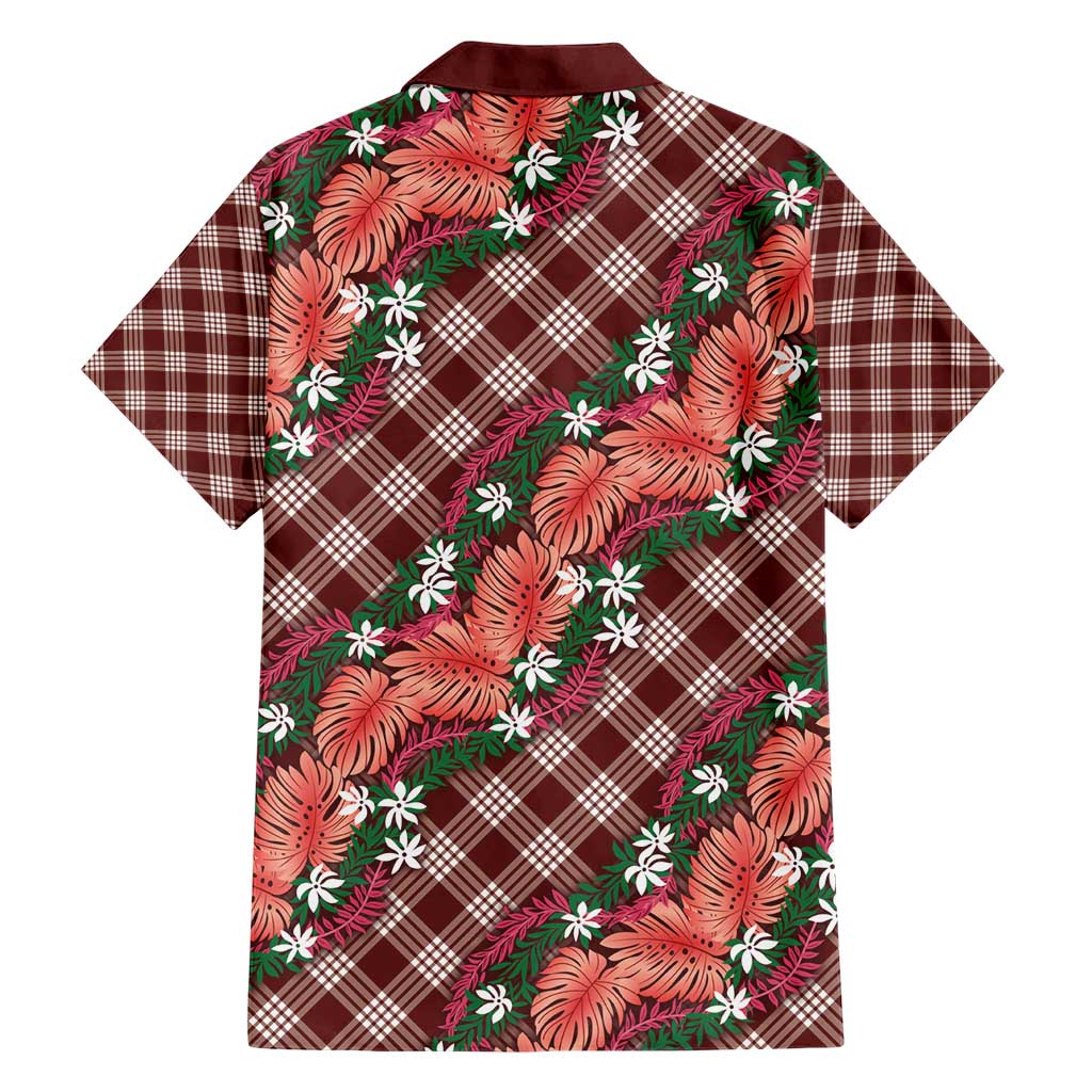 Polynesian Monstera Tiare Floral Family Matching Short Sleeve Bodycon Dress and Hawaiian Shirt Burgundy Tropical Plaid LT01 - Polynesian Pride