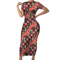 Polynesian Monstera Tiare Floral Family Matching Short Sleeve Bodycon Dress and Hawaiian Shirt Burgundy Tropical Plaid LT01 Mom's Dress Red - Polynesian Pride