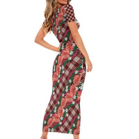Polynesian Monstera Tiare Floral Family Matching Short Sleeve Bodycon Dress and Hawaiian Shirt Burgundy Tropical Plaid LT01 - Polynesian Pride