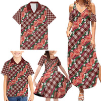 Polynesian Monstera Tiare Floral Family Matching Summer Maxi Dress and Hawaiian Shirt Burgundy Tropical Plaid LT01 - Polynesian Pride