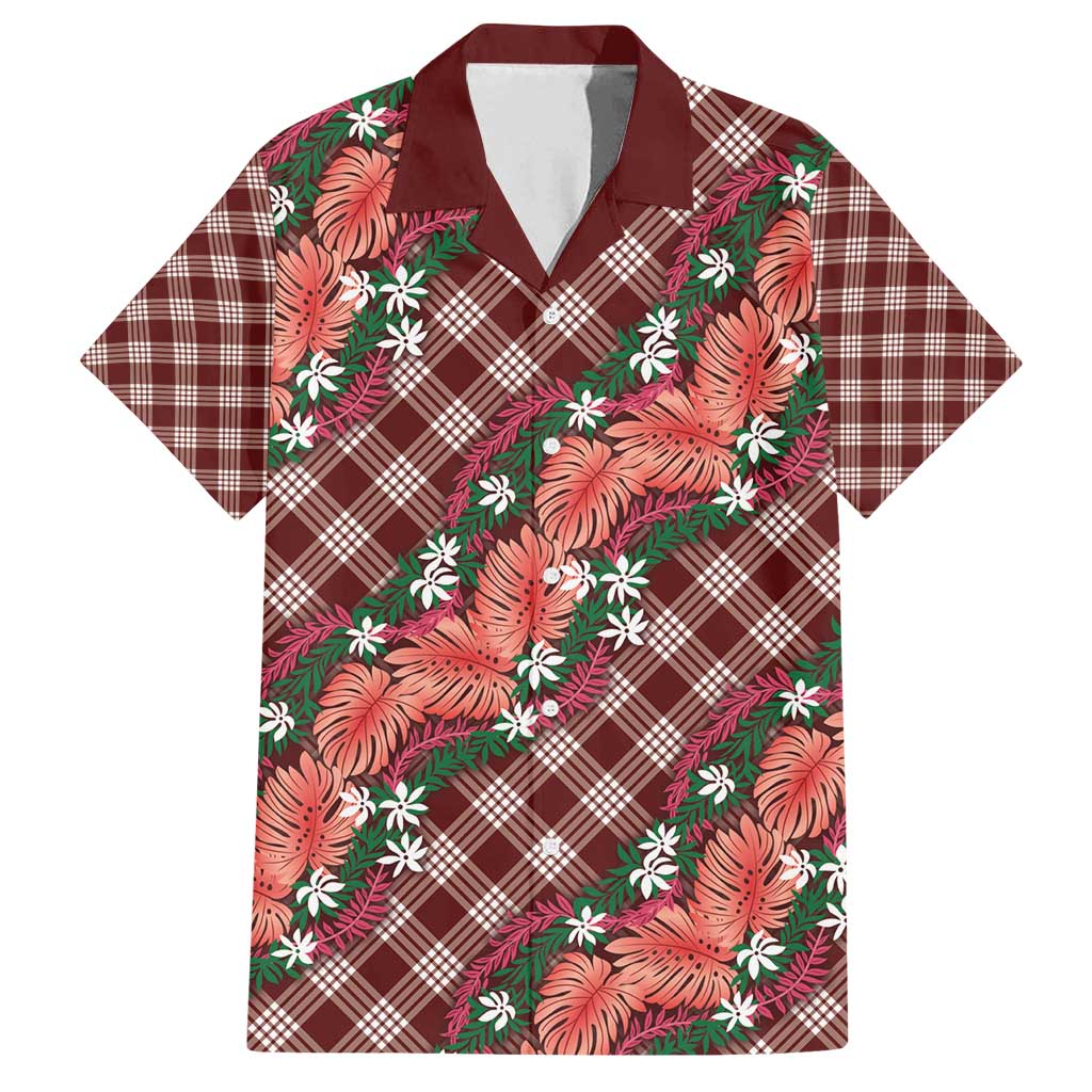 Polynesian Monstera Tiare Floral Family Matching Summer Maxi Dress and Hawaiian Shirt Burgundy Tropical Plaid LT01 Dad's Shirt - Short Sleeve Red - Polynesian Pride