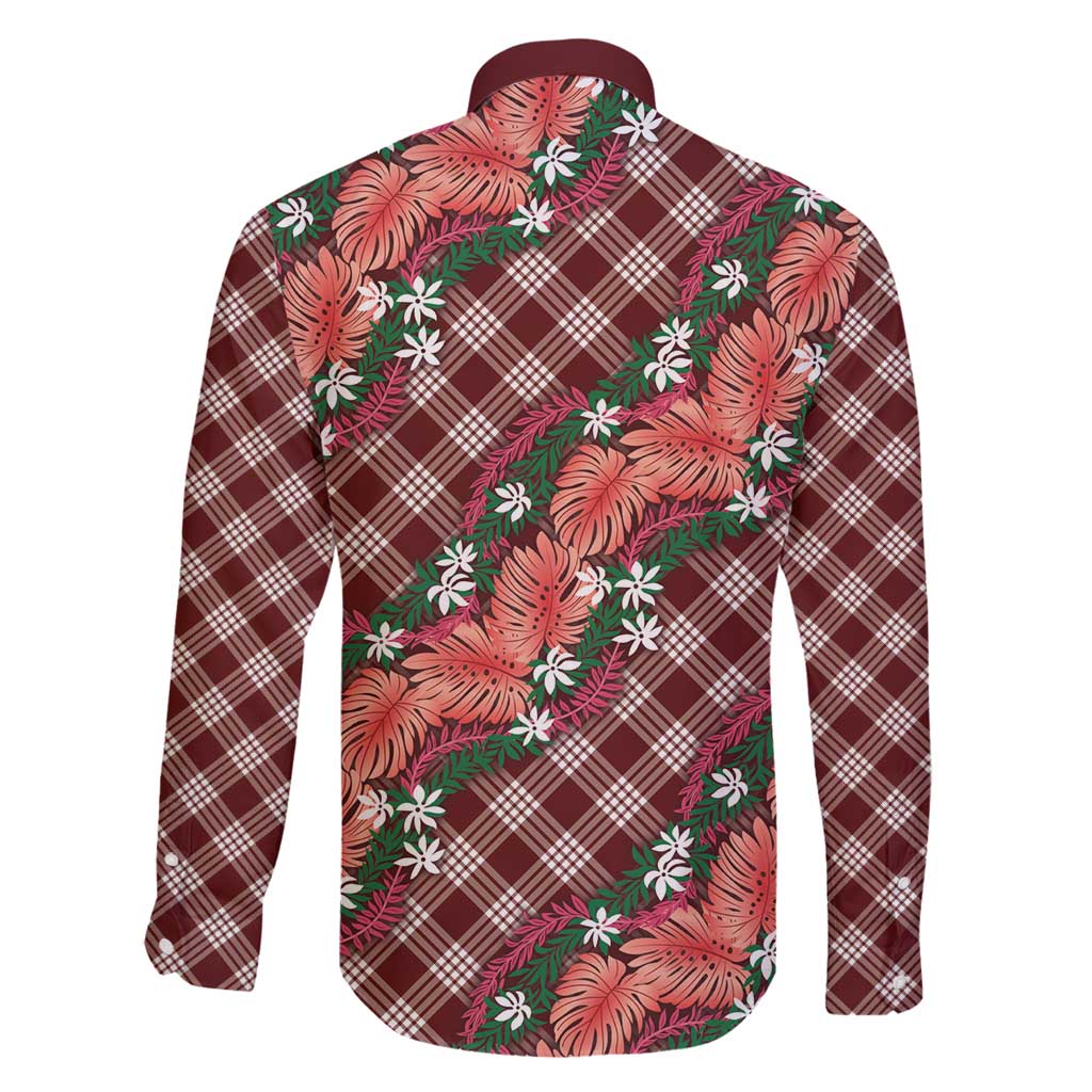 Polynesian Monstera Tiare Floral Family Matching Summer Maxi Dress and Hawaiian Shirt Burgundy Tropical Plaid LT01 - Polynesian Pride