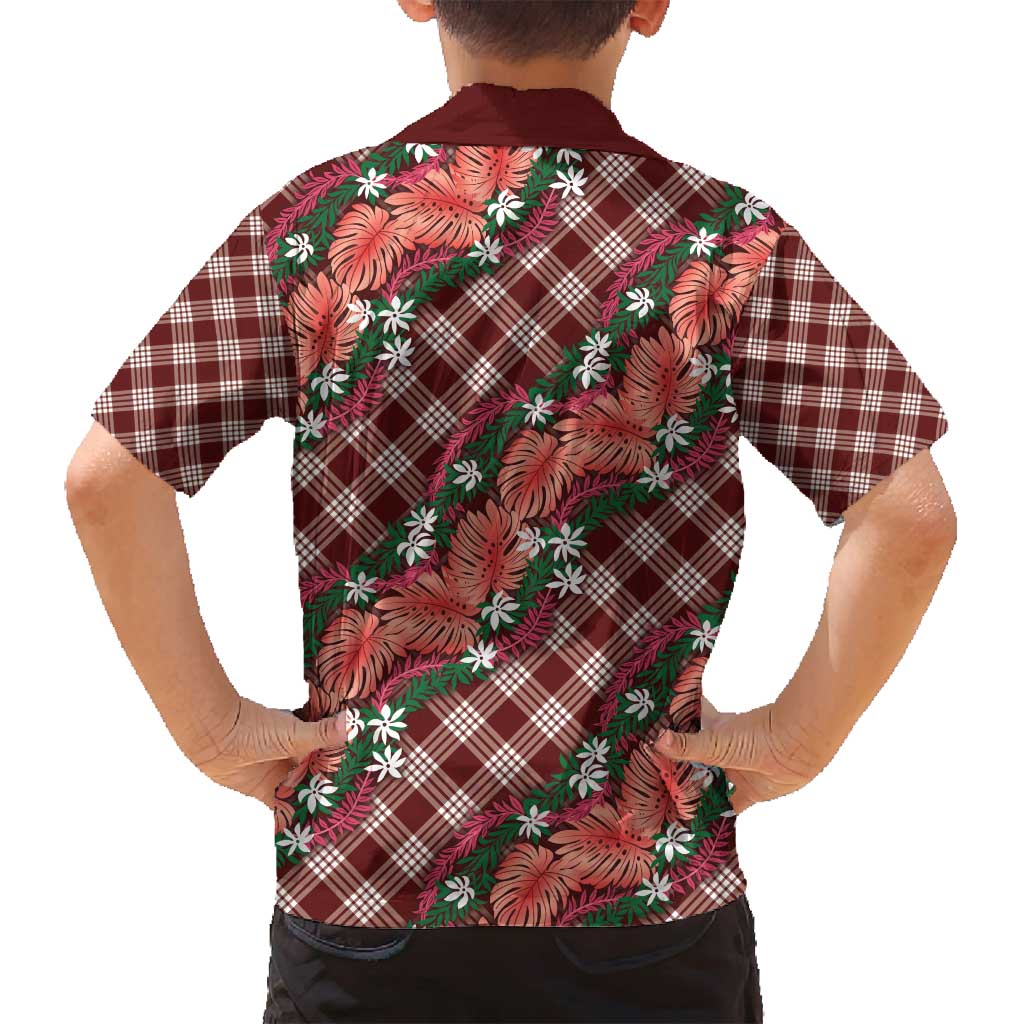 Polynesian Monstera Tiare Floral Family Matching Tank Maxi Dress and Hawaiian Shirt Burgundy Tropical Plaid LT01 - Polynesian Pride