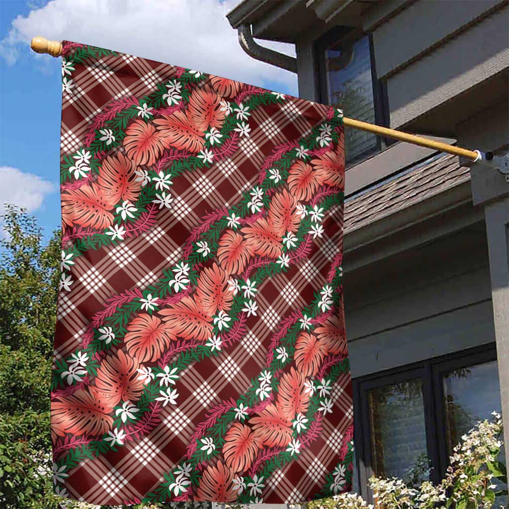 Polynesian Monstera Tiare Floral Garden Flag Burgundy Tropical Plaid - Polynesian Pride
