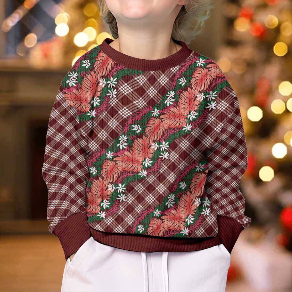 Polynesian Monstera Tiare Floral Kid Ugly Christmas Sweater Burgundy Tropical Plaid - Polynesian Pride