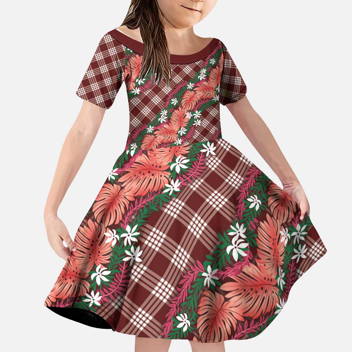 Polynesian Monstera Tiare Floral Kid Short Sleeve Dress Burgundy Tropical Plaid - Polynesian Pride