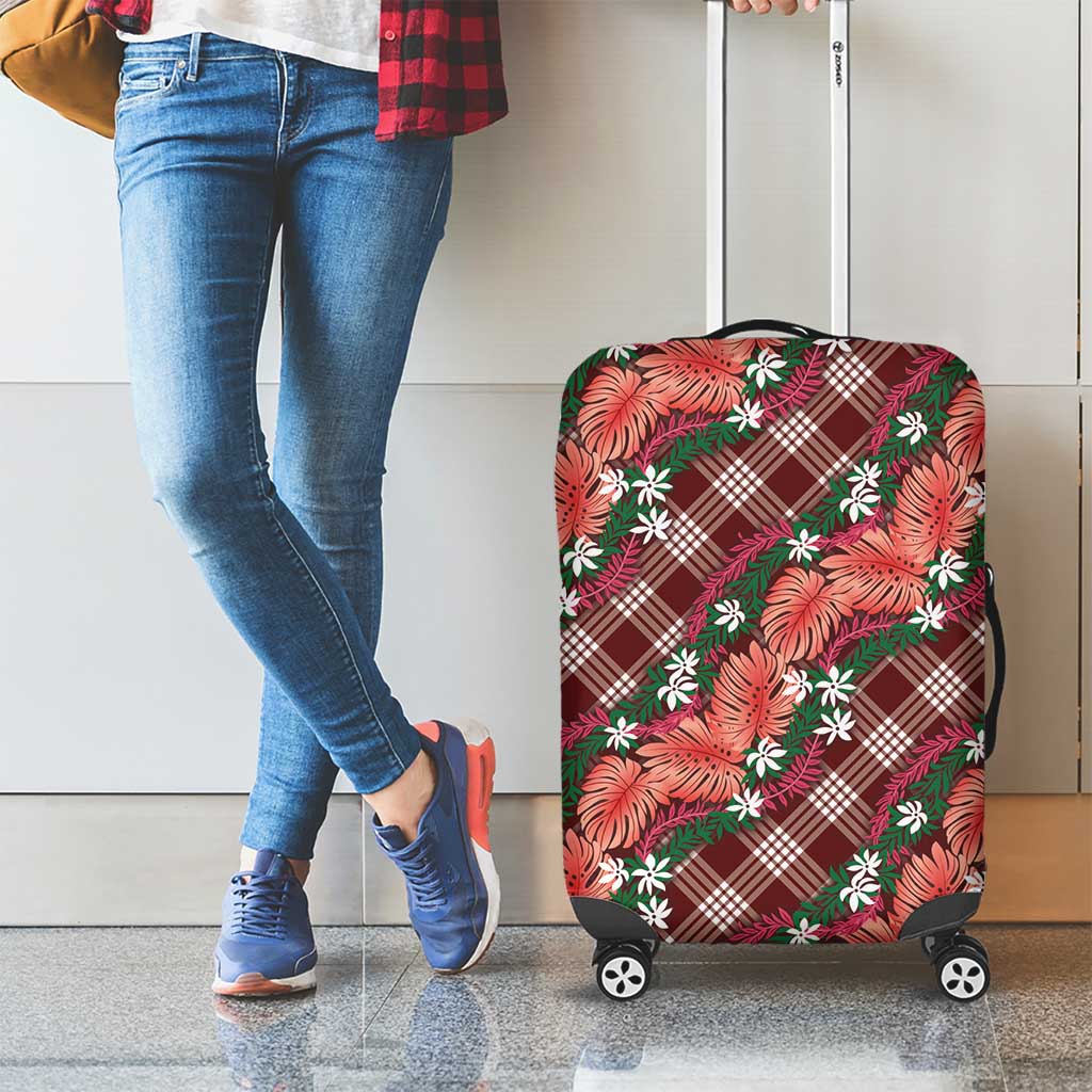 Polynesian Monstera Tiare Floral Luggage Cover Burgundy Tropical Plaid LT01 - Polynesian Pride