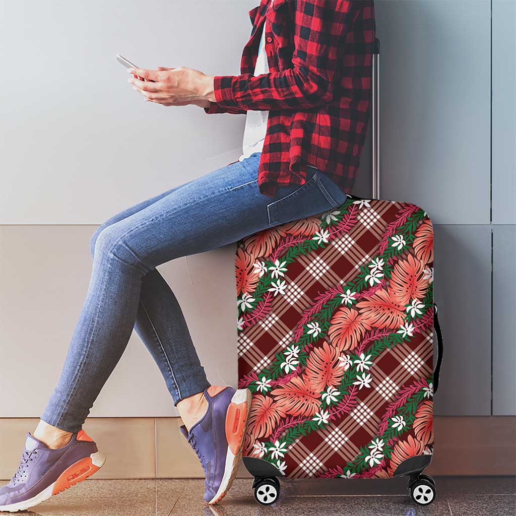 Polynesian Monstera Tiare Floral Luggage Cover Burgundy Tropical Plaid LT01 - Polynesian Pride