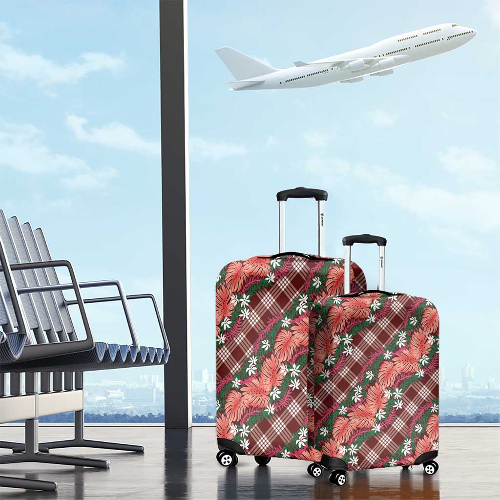 Polynesian Monstera Tiare Floral Luggage Cover Burgundy Tropical Plaid LT01 - Polynesian Pride