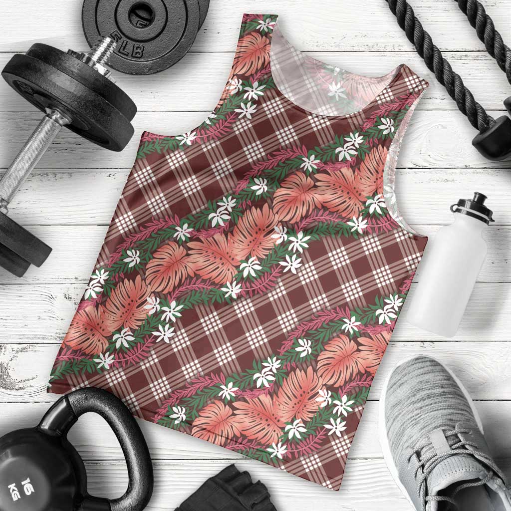 Polynesian Monstera Tiare Floral Men Tank Top Burgundy Tropical Plaid - Polynesian Pride
