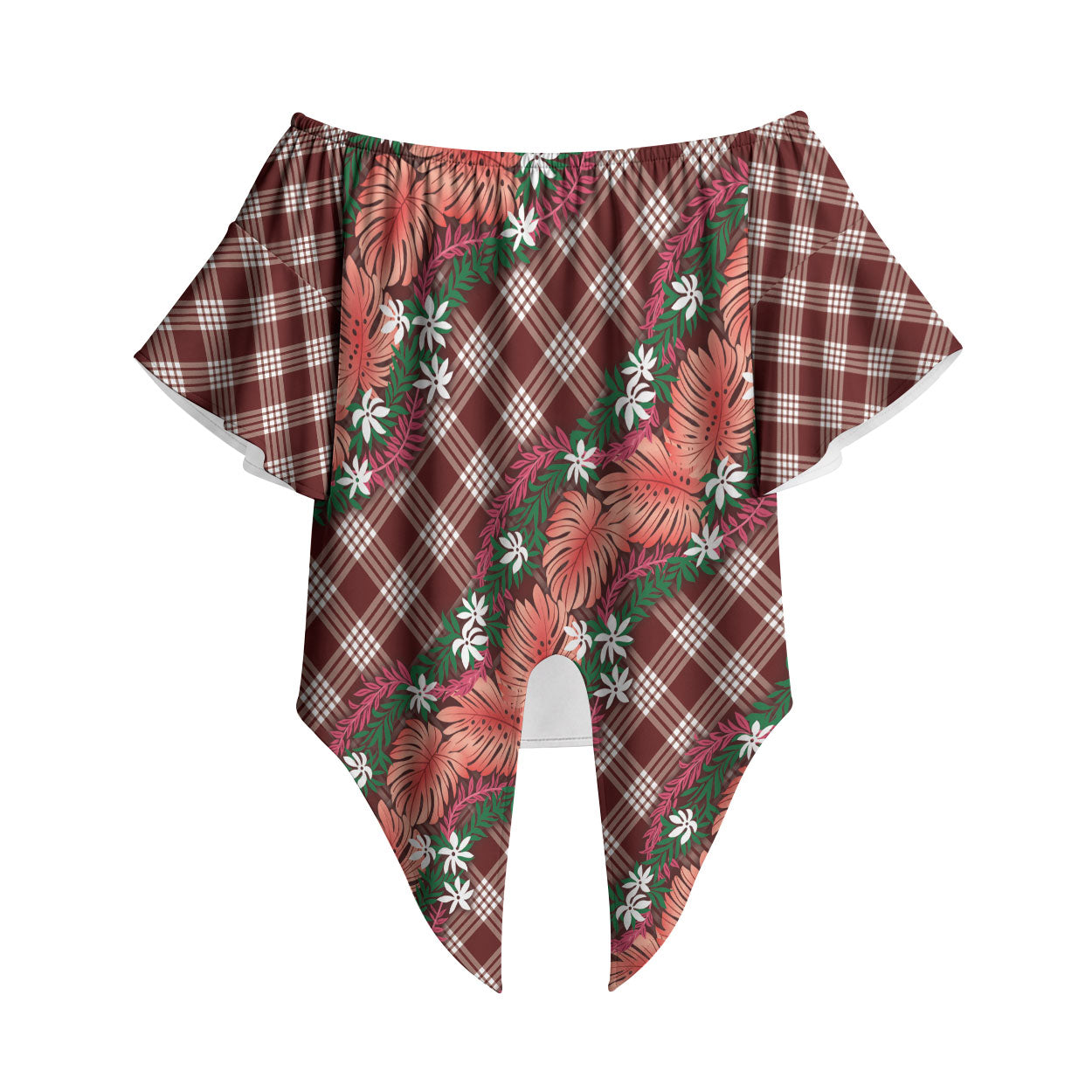 Polynesian Monstera Tiare Floral Off Shoulder Wrap Waist Top Burgundy Tropical Plaid LT01 Red - Polynesian Pride