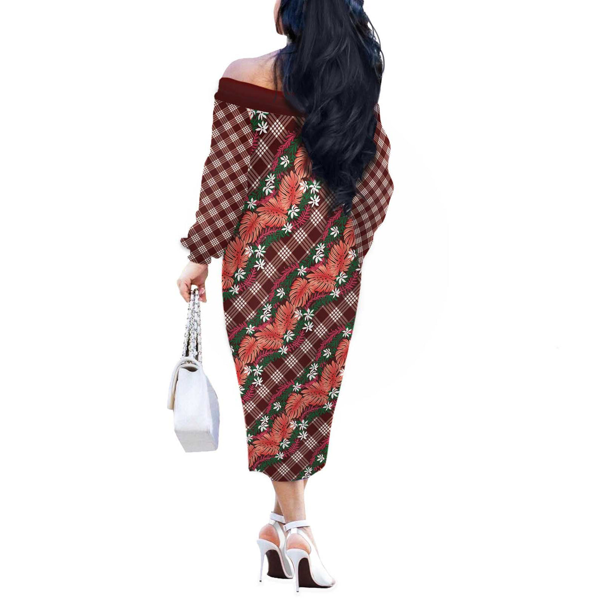 Polynesian Monstera Tiare Floral Off The Shoulder Long Sleeve Dress Burgundy Tropical Plaid LT01 - Polynesian Pride