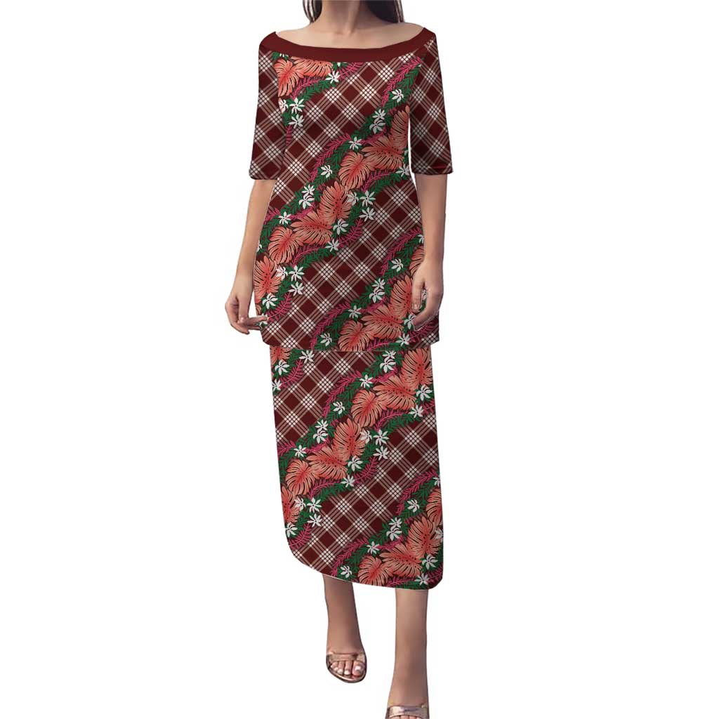 Polynesian Monstera Tiare Floral Puletasi Burgundy Tropical Plaid - Polynesian Pride
