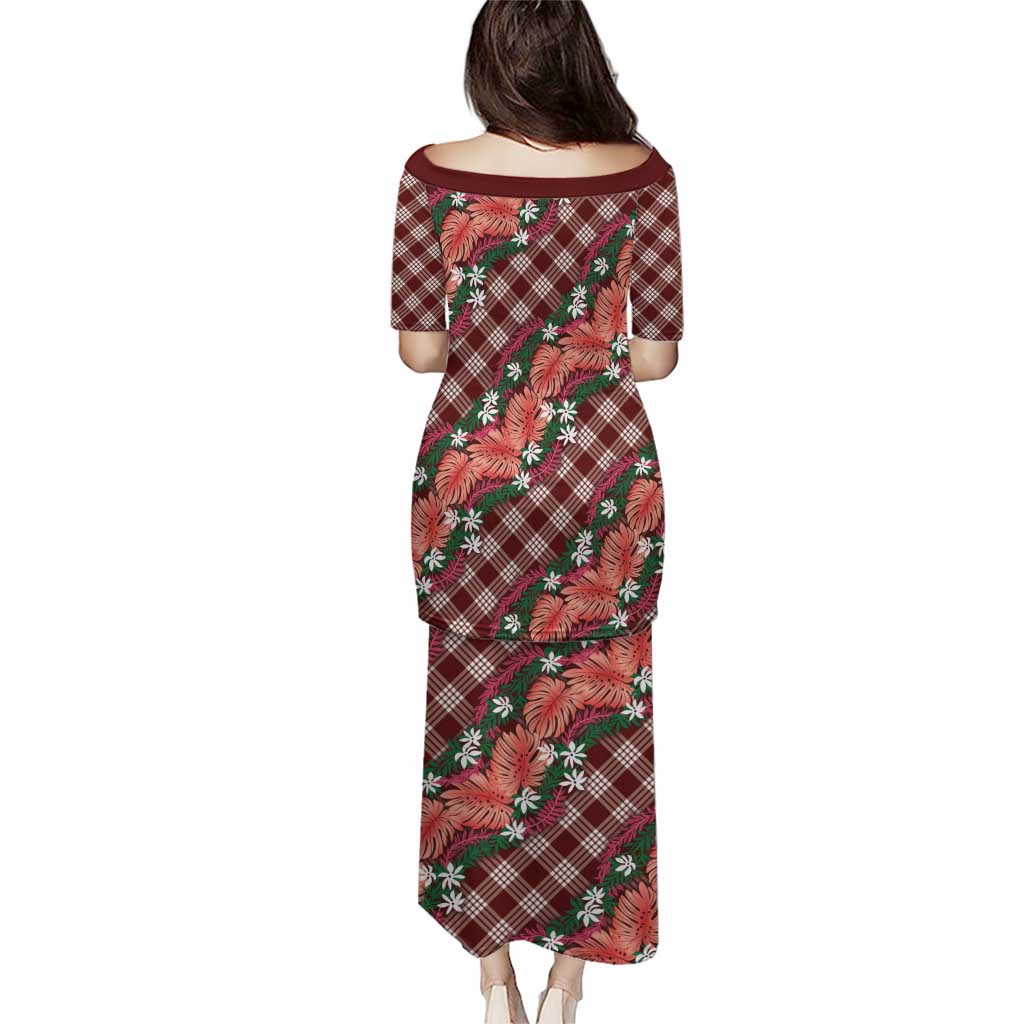 Polynesian Monstera Tiare Floral Puletasi Burgundy Tropical Plaid - Polynesian Pride
