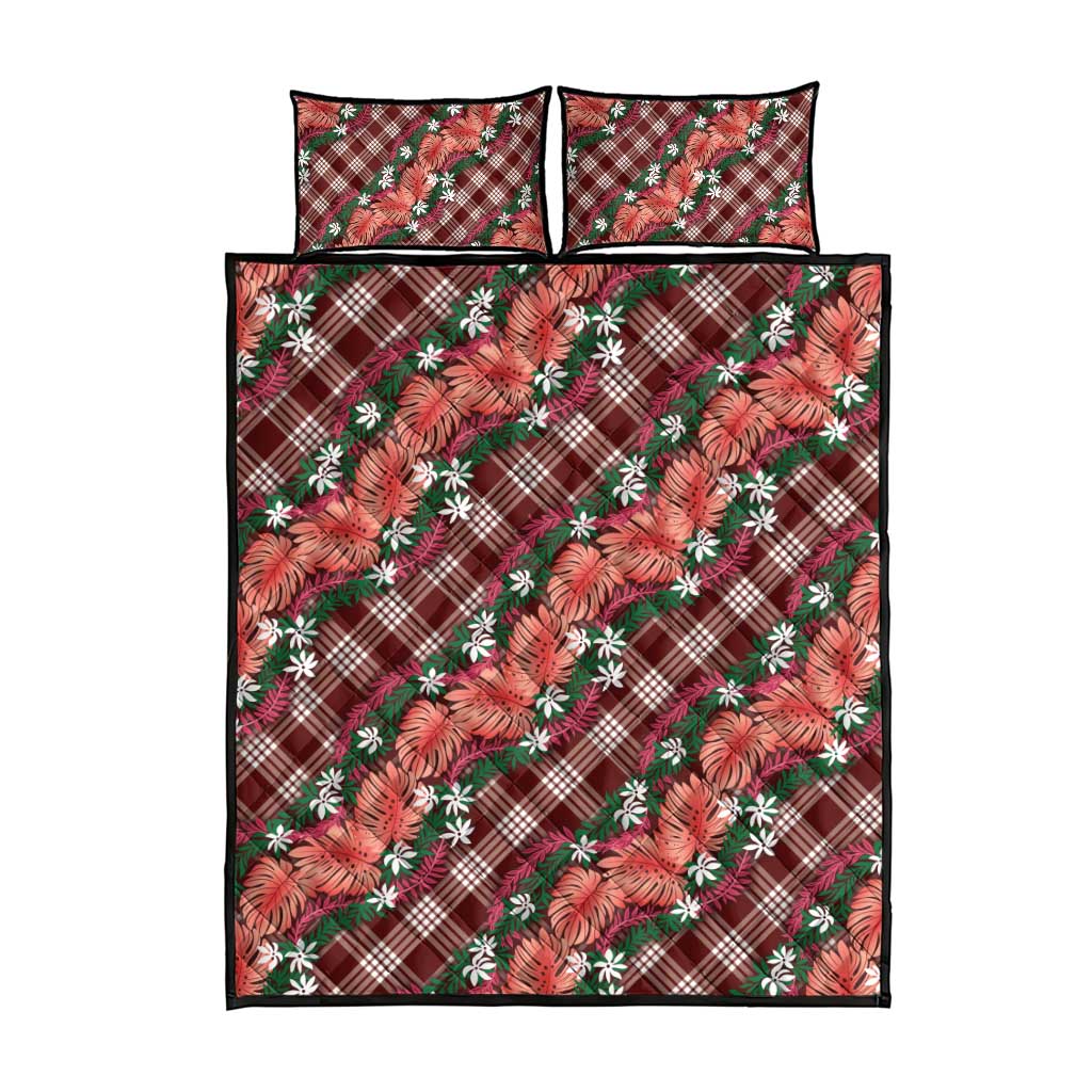 Polynesian Monstera Tiare Floral Quilt Bed Set Burgundy Tropical Plaid - Polynesian Pride