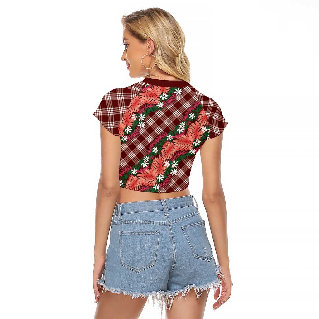 Polynesian Monstera Tiare Floral Raglan Cropped T Shirt Burgundy Tropical Plaid LT01 - Polynesian Pride
