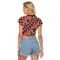 Polynesian Monstera Tiare Floral Raglan Cropped T Shirt Burgundy Tropical Plaid LT01 - Polynesian Pride