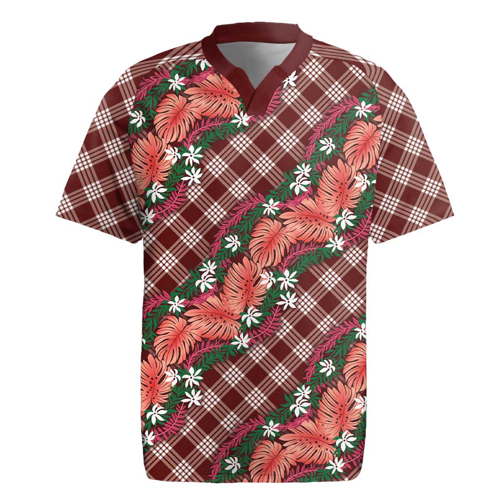 Polynesian Monstera Tiare Floral Rugby Jersey Burgundy Tropical Plaid - Polynesian Pride