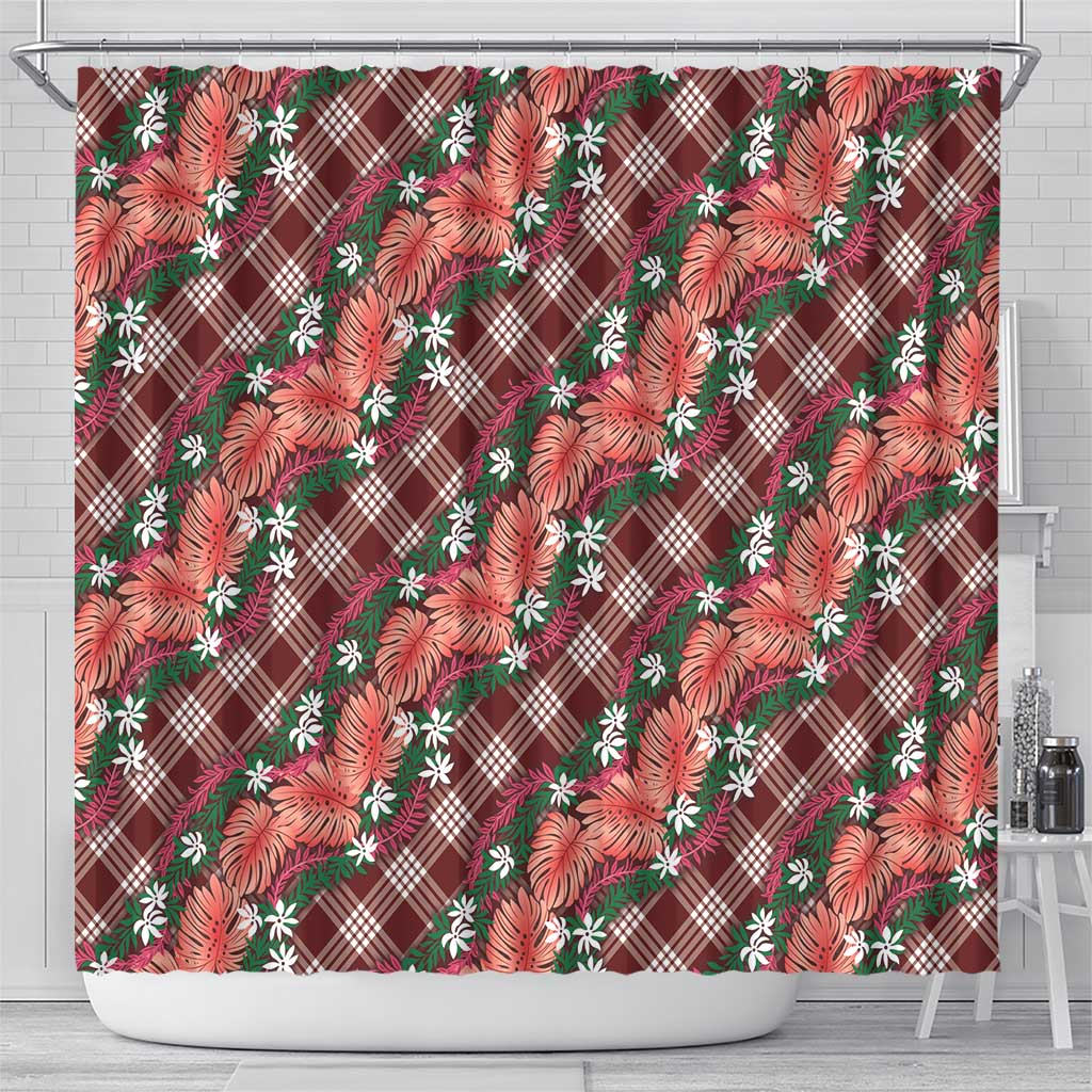 Polynesian Monstera Tiare Floral Shower Curtain Burgundy Tropical Plaid - Polynesian Pride