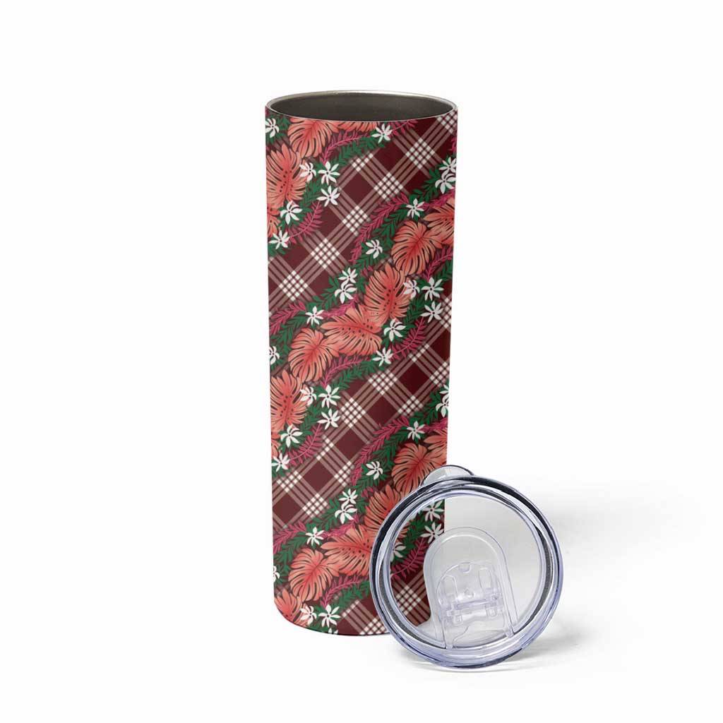 Polynesian Monstera Tiare Floral Skinny Tumbler Burgundy Tropical Plaid LT01 - Polynesian Pride
