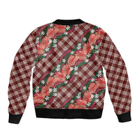 Polynesian Monstera Tiare Floral Sleeve Zip Bomber Jacket Burgundy Tropical Plaid - Polynesian Pride