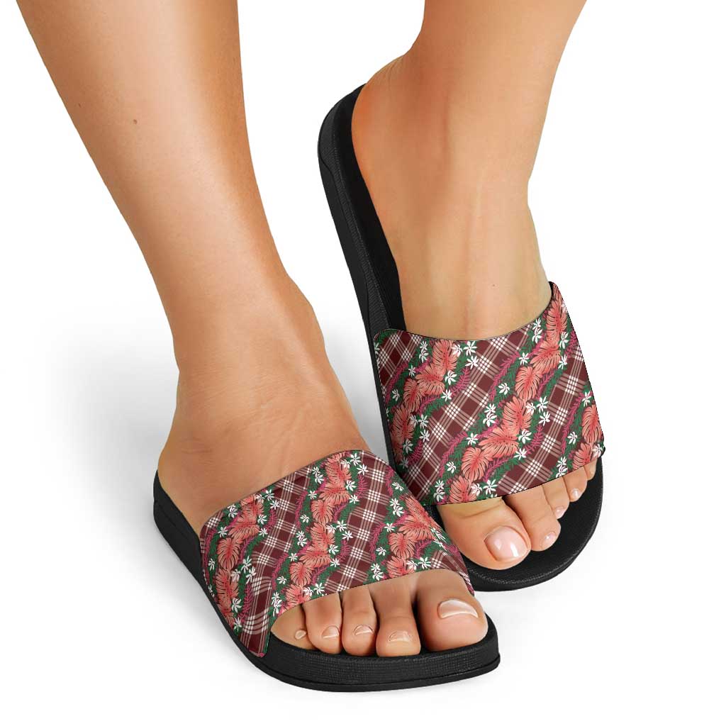 Polynesian Monstera Tiare Floral Slide Sandals Burgundy Tropical Plaid - Polynesian Pride