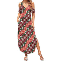 Polynesian Monstera Tiare Floral Summer Maxi Dress Burgundy Tropical Plaid LT01 Women Red - Polynesian Pride