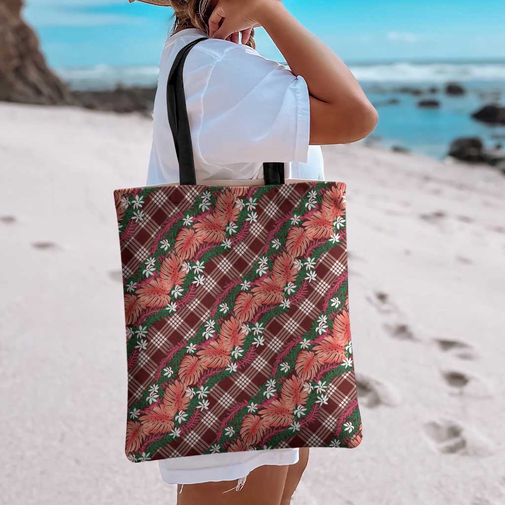 Polynesian Monstera Tiare Floral Tote Bag Burgundy Tropical Plaid LT01 - Polynesian Pride