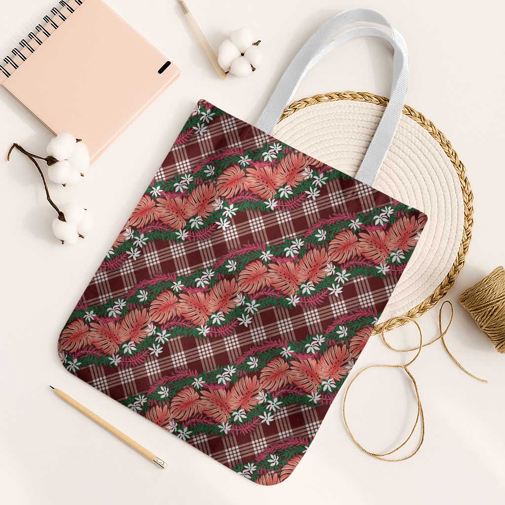 Polynesian Monstera Tiare Floral Tote Bag Burgundy Tropical Plaid LT01 White Strap One Size Red - Polynesian Pride