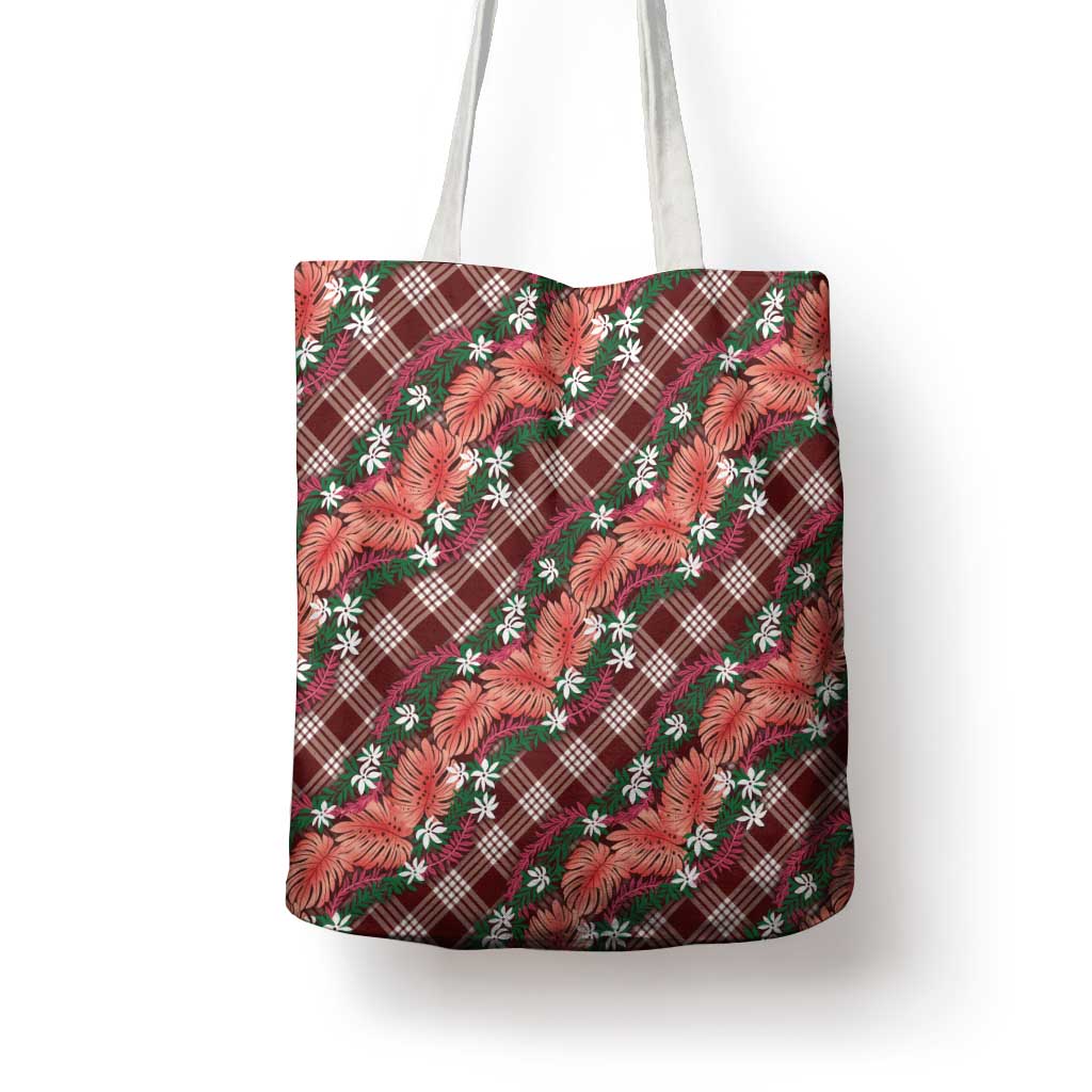 Polynesian Monstera Tiare Floral Tote Bag Burgundy Tropical Plaid LT01 - Polynesian Pride
